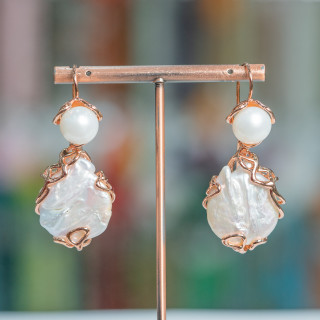 Bronze Lever Earrings With Freshwater Pearls And Pendant With Baroque Pearls 24x52mm Rose Gold