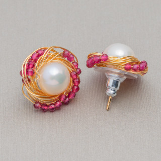 Boucles d'oreilles clous en argent sterling 925 avec perles de rivière en bronze et zircons 16 mm 2 paires