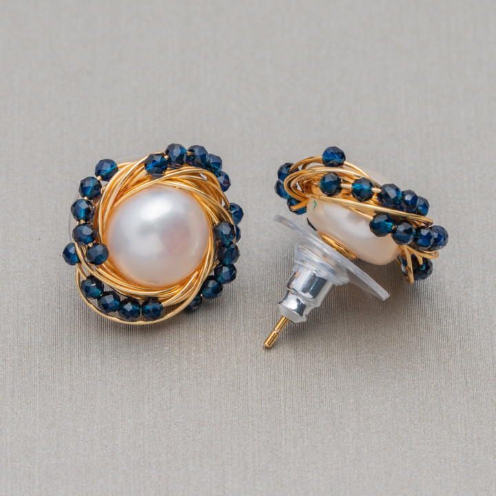 925 Silver Stud Earrings with Bronze River Pearls and Zircons 16mm 2 Pairs Blue
