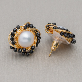 925 Silver Stud Earrings with Bronze River Pearls and Zircons 16mm 2 Pairs Black