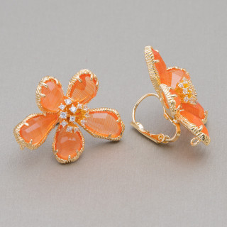 Bronze Earrings with Cat's Eye Flower 5 Petals 24x32mm 1 Pair Orange