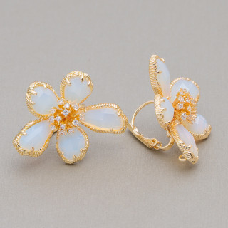 Pendientes Bronce Con Flor Ojo De Gato 5 Pétalos 24x32mm 1 Par Blanco