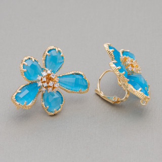 Bronzeohrringe mit Katzenauge Blume 5 Blütenblätter 24x32mm 1 Paar Hellblau