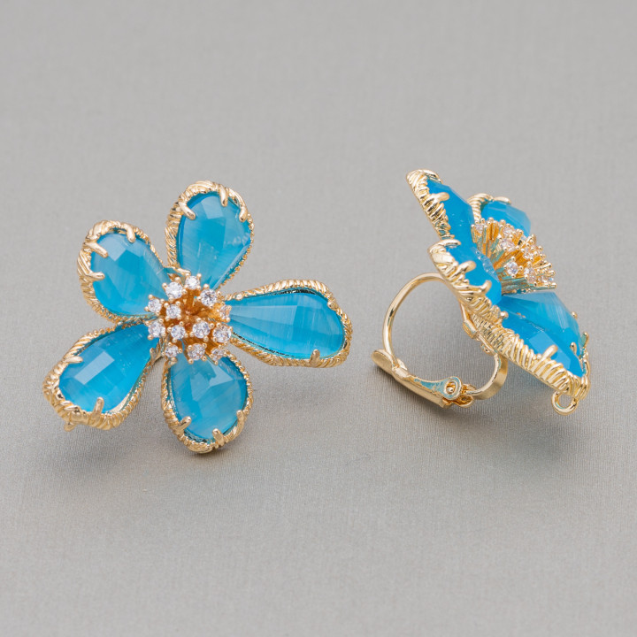 Pendientes Bronce Con Flor Ojo De Gato 5 Pétalos 24x32mm 1 Par Azul Claro