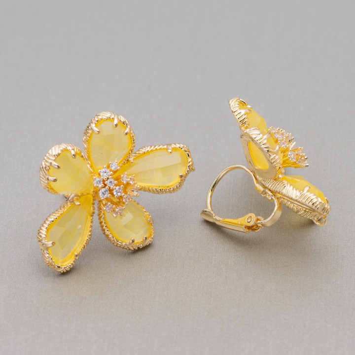 Orecchini Di Bronzo Con Occhio Di Gatto Fiore 5 Petali 24x32mm 1 Paio Giallo