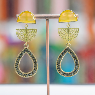 Boucles D'oreilles Tiges Bronze Oeil De Chat Et Marcassite Goutte 22x65 mm Jaune