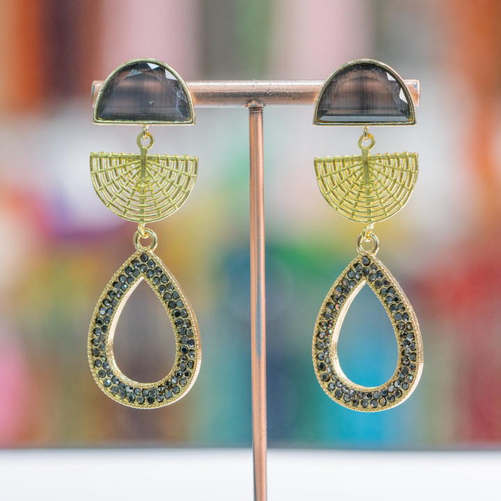 Bronze Stud Earrings with Cat's Eye and Marcasite Drop 22x65mm Gray