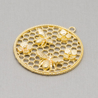 Pendente Componente Di Bronzo Cerchio Alveare Con Api E Fiori 30x33mm 12pz