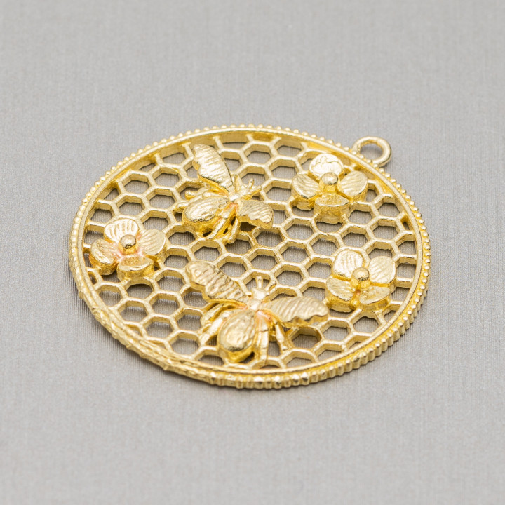 Bronze Component Pendant Beehive Circle With Bees And Flowers 30x33mm 12pcs
