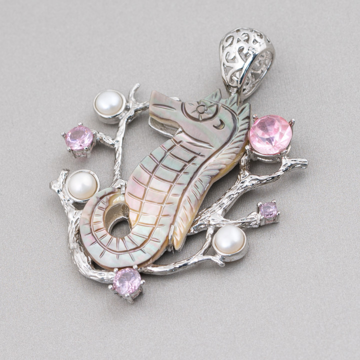 Pendentif Pendentif Laiton Hippocampe De Nacre Avec Zircons 44x55mm