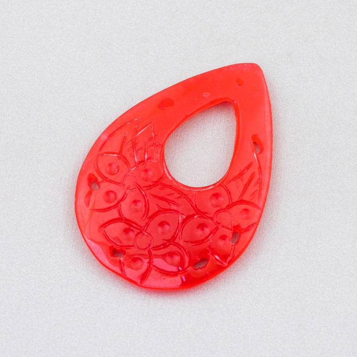 Composant Jade Birman Gravé Plaque 1pc Goutte 35x55mm Rouge