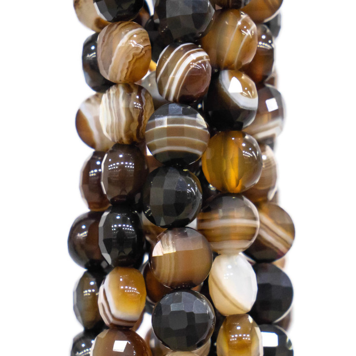 Agate brune rayée ronde plate à facettes découpée à la machine 6 mm