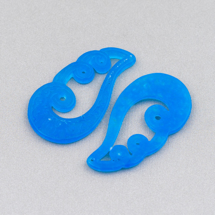 Burma Jade Component Engraved Plate 2pcs 18x34mm Blue