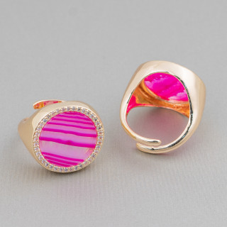 Bague Bronze Avec Plaque Pierre Naturelle Avec Zircons 20mm Taille Ajustable Agate Striée Fuchsia
