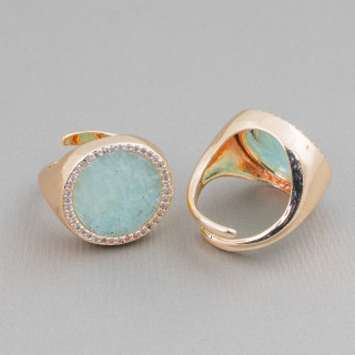 Bague Bronze Avec Plaque Pierre Naturelle Avec Zircons 20mm Taille Ajustable Amazonite