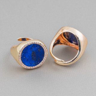 Bague Bronze Avec Plaque Pierre Naturelle Avec Zircons 20mm Taille Ajustable Lapis Lazuli