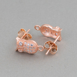 Base Para Pendientes De Plata 925 Con Circonitas Búho 07x12mm 4 Pares Oro Rosa