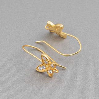 Boucles d'Oreilles Argent 925 Base Avec Zircons Papillon Crochet 8x20mm 5 Paires Doré