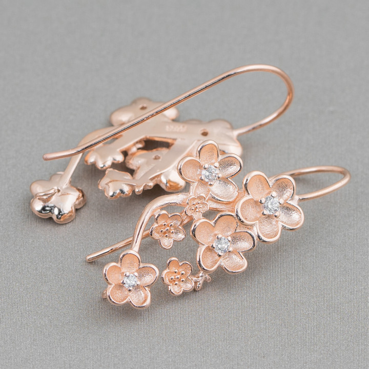 Base Per Orecchini Di Argento 925 Con Zirconi Monachella Fiore Margherita 14x32mm 2 Paia Oro Rosa