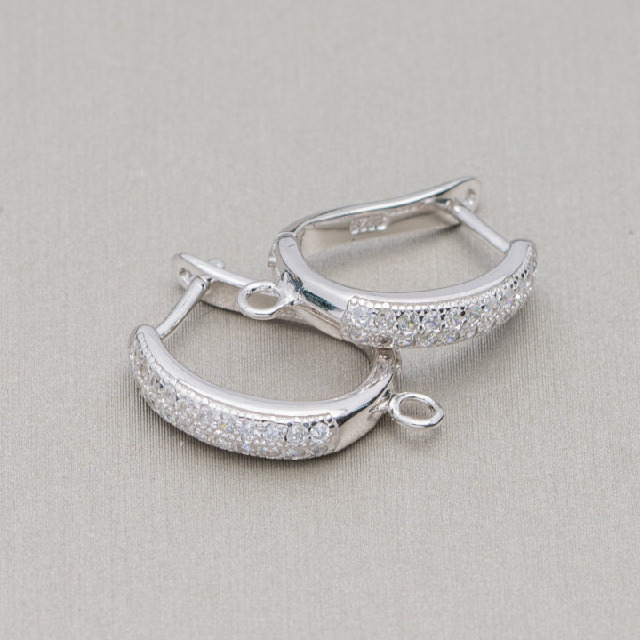 Base For Earrings Of 925 Silver With Zircons Closed Post 13x19mm 2 Pairs Rhodium Plated