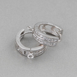 Base Per Orecchini Di Argento 925 Con Zirconi Perno Chiuso Cerchio 2 File 14x5mm 2 Paia Rodiato