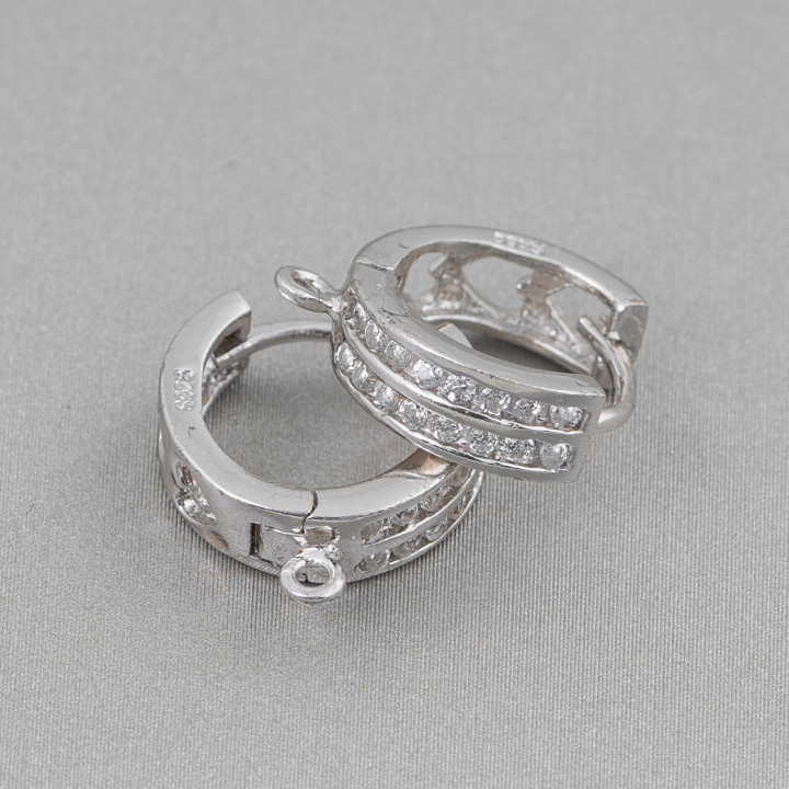 Pendientes Plata 925 Base Con Circonitas Círculo Pin Cerrado 2 Filas 14x5mm 2 Pares Rodio