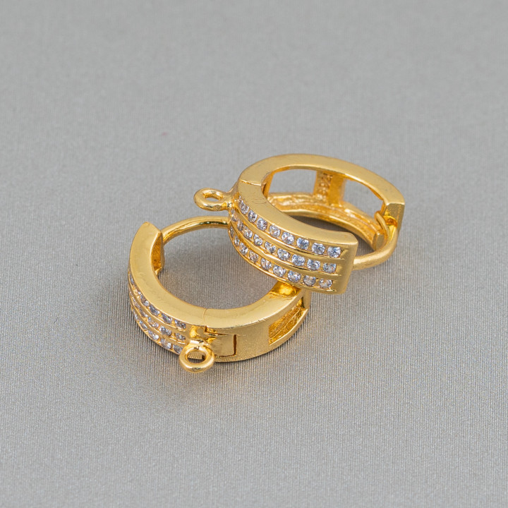 Base Pour Boucles D'oreilles En Argent 925 Avec Zircons Cercle Fermé 3 Rangs 14x4mm 2 Paires Doré