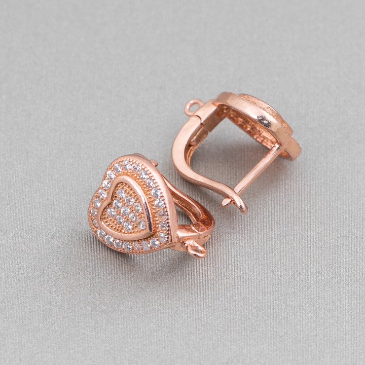 Boucles d'Oreilles Argent Massif 925 Base Avec Zircons Clous Fermés Coeur 10x14mm 2 Paires Or Rose