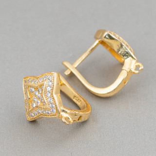 Base For Earrings Of 925 Silver With Zircons Closed Stud Star 13mm 2 Pairs Golden