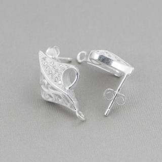 Base Per Orecchini Di Argento 925 Con Zirconi Perno Fantasia 12x20mm 3 Paia