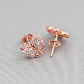 Aretes De Plata De Ley 925 Base Con Circonitas Mariposa Alfiler 12mm 3 Pares Oro Rosa