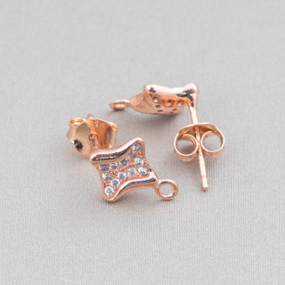 Base For Earrings Of 925 Silver With Zircons Rhombus Stud 09mm 4 Pairs Rose Gold