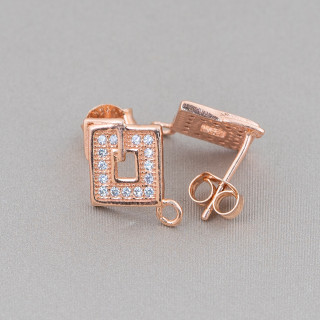 Base For Earrings Of 925 Silver With Zircons Perforated Rhombus Post 11x15mm 4 Pairs Rose Gold