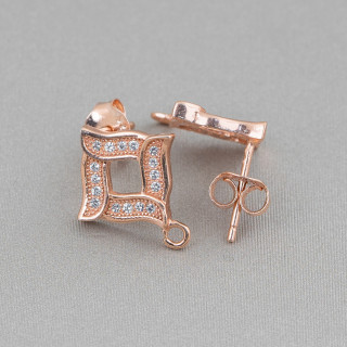 Basis für Ohrringe aus Silber 925 mit Zirkonen, perforierter Rautenstift, 13 x 15 mm, 3 Paar Roségold