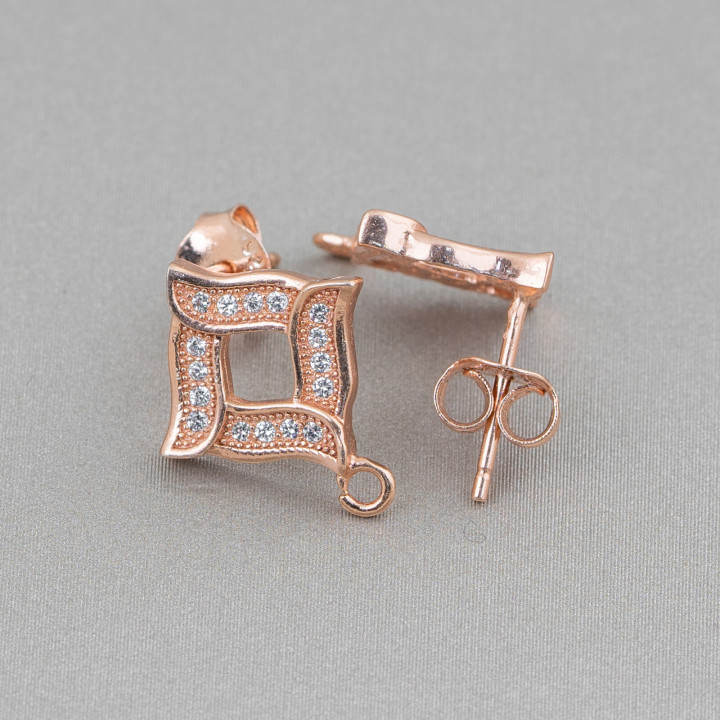Base Per Orecchini Di Argento 925 Con Zirconi Perno Rombo Forato 13x15mm 3 Paia Oro Rosa