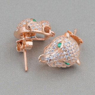 Boucles d'Oreilles Argent Massif 925 Base Avec Zircons Clou Tête Léopard 11x13mm 2 Paires Or Rose Yeux Verts