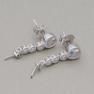 Base Para Pendientes De Plata 925 Pin Con Circonitas 4 Puntos De Luz 06x21mm 3 Pares Rodio