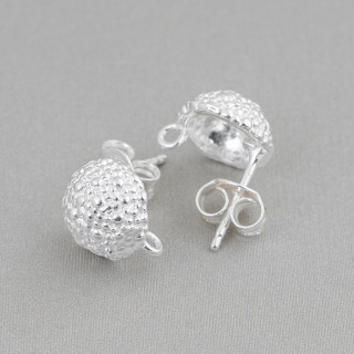 Base For Earrings Of 925 Silver Granulated Semisphere Pin 10mm 2 Pairs Silver