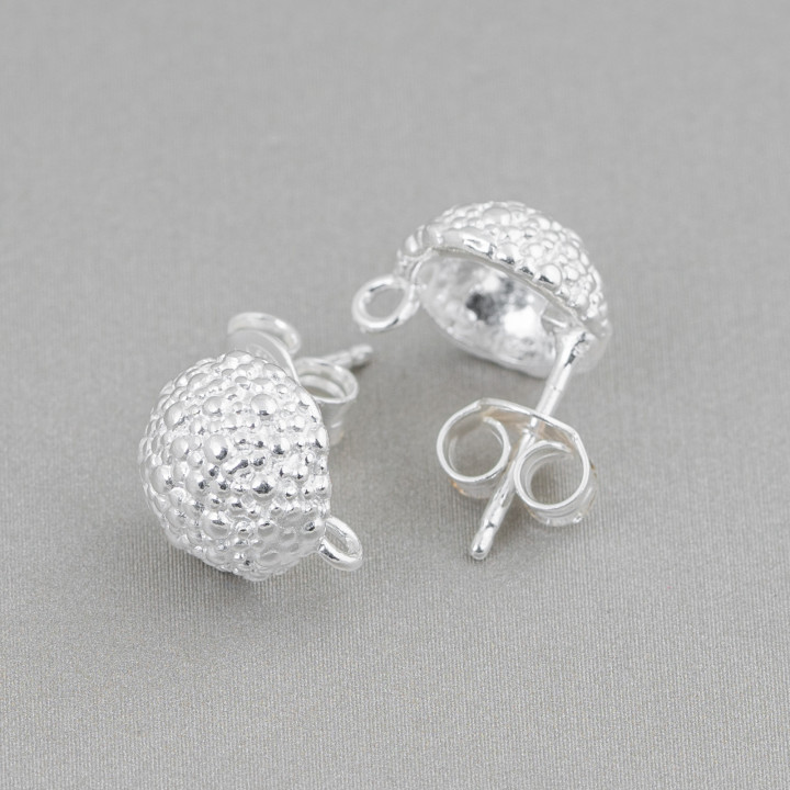Boucles d'Oreilles Argent Massif 925 Base Goujon Semisphère Granulé 10mm 2 Paires Plaqué Argent