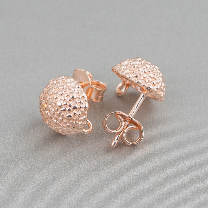 Aretes de Plata de Ley 925 Base Hemisferio Granulado 10mm 2 Pares Oro Rosa