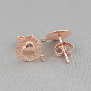 Base For Earrings Of 925 Silver Round Stud With Heart 10mm 4 Pairs Rose Gold