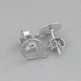 Base For Earrings Of 925 Silver Round Stud With Heart 10mm 4 Pairs Rhodium Plated