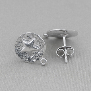 Base For Earrings Of 925 Silver Round Stud With Star 12mm 3 Pairs Rhodium Plated