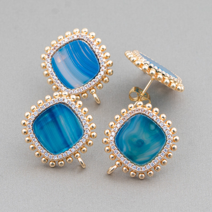 Boucles D'Oreilles Clou Laiton Base Avec Pierres Naturelles Carré Avec Zircons 19mm 3 Paires Agate Rayée Bleue