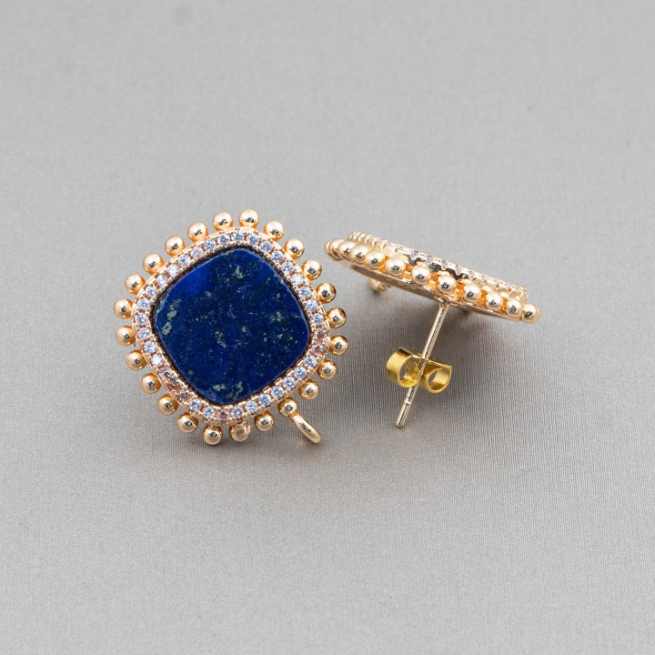 Base for Brass Stud Earrings with Natural Stones Square with Zircons 19mm 3 Pairs Lapis Lazuli