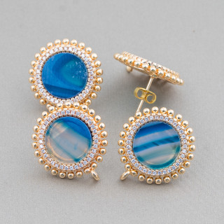 Boucles D'Oreilles Clous Laiton Base Avec Pierres Naturelles Rondes Avec Zircons 20mm 3 Paires Agate Rayée Bleue