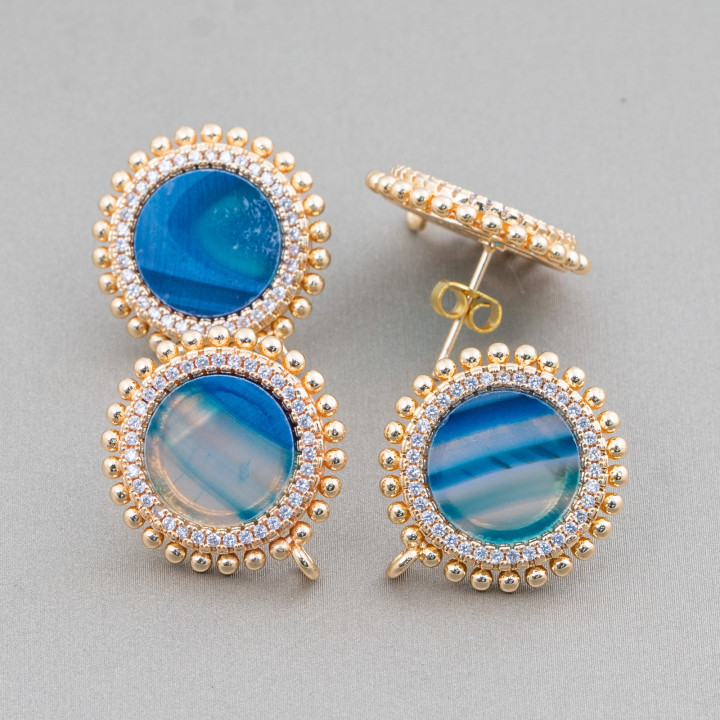 Boucles D'Oreilles Clous Laiton Base Avec Pierres Naturelles Rondes Avec Zircons 20mm 3 Paires Agate Rayée Bleue