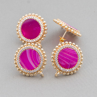 Aretes Latón Base Con Piedras Naturales Redonda Con Circonitas 20mm 3 Pares Ágata Estriada Fucsia