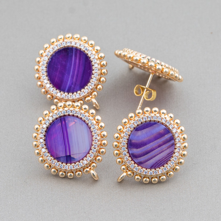 Base for Brass Stud Earrings with Natural Stones Round with Zircons 20mm 3 Pairs Purple Striated Agate