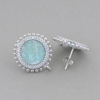 Base for Brass Stud Earrings with Natural Stones Round with Zircons 20mm 3 Pairs Rhodium Plated Amazonite